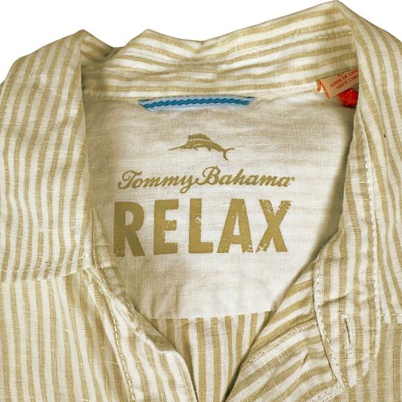 Tommy Bahama Relax 100% Linen Beige Stripe L/S Button Down Shirt Large - Picture 6 of 7